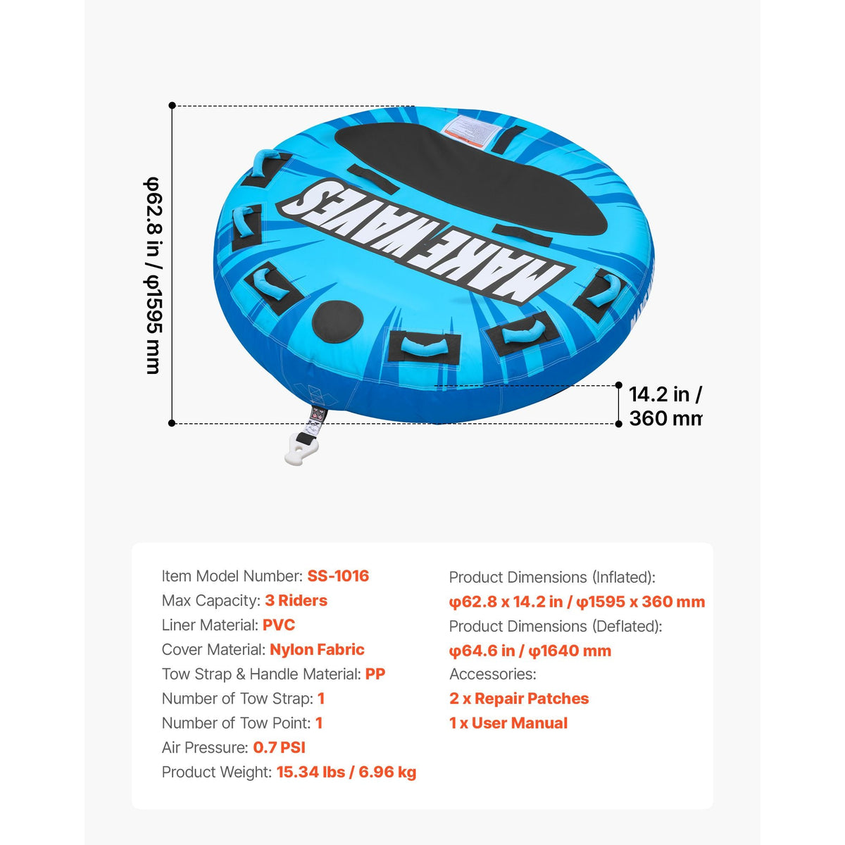 Towable Tubes for Boating, 3-Rider Inflatable Boat Tubes and Towables, 510lbs Capacity Water Sport Tube for Boat to Pull - with Anti-Slip Pad, Full Nylon Cover, Padded Handles & Safety Valve