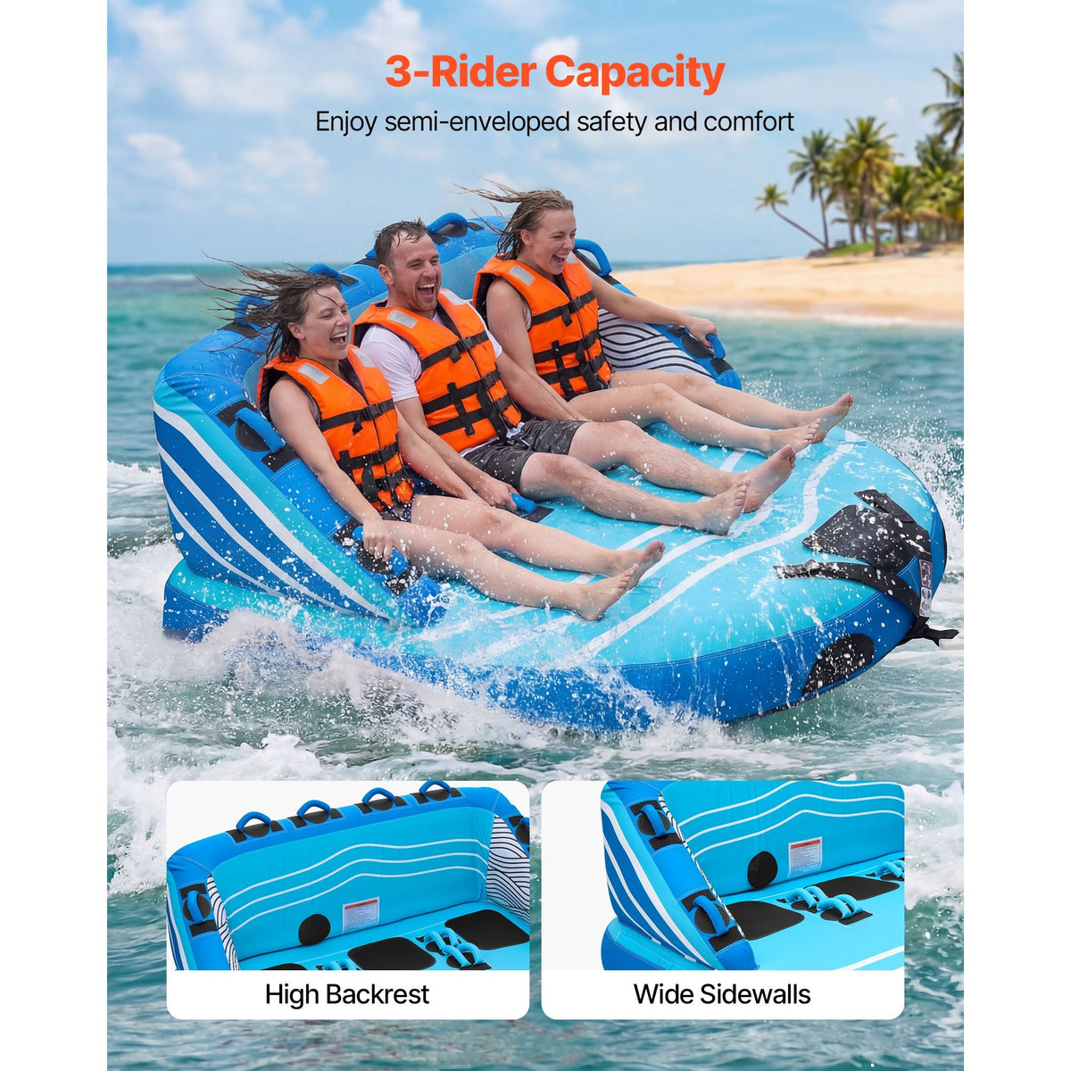 Towable Tubes for Boating, 3-Rider Inflatable Towable Tube for Boat to Pull, 510 lbs Capacity Water Sports Boating Tubes - with Full Nylon Cover, Dual Tow Points, Safety Valve & Padded Handles