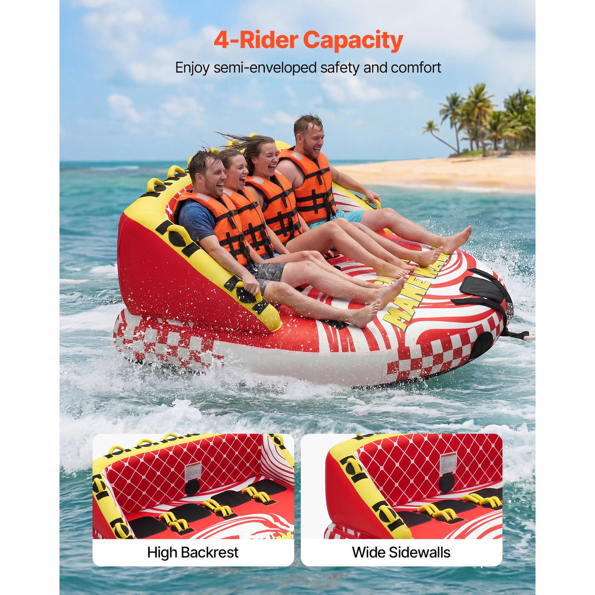 Towable Tubes for Boating, 4-Rider Inflatable Towable Tube for Boat to Pull, 680 lbs Capacity Water Sports Boating Tubes - with Full Nylon Cover, Dual Tow Points, Safety Valve & Padded Handles
