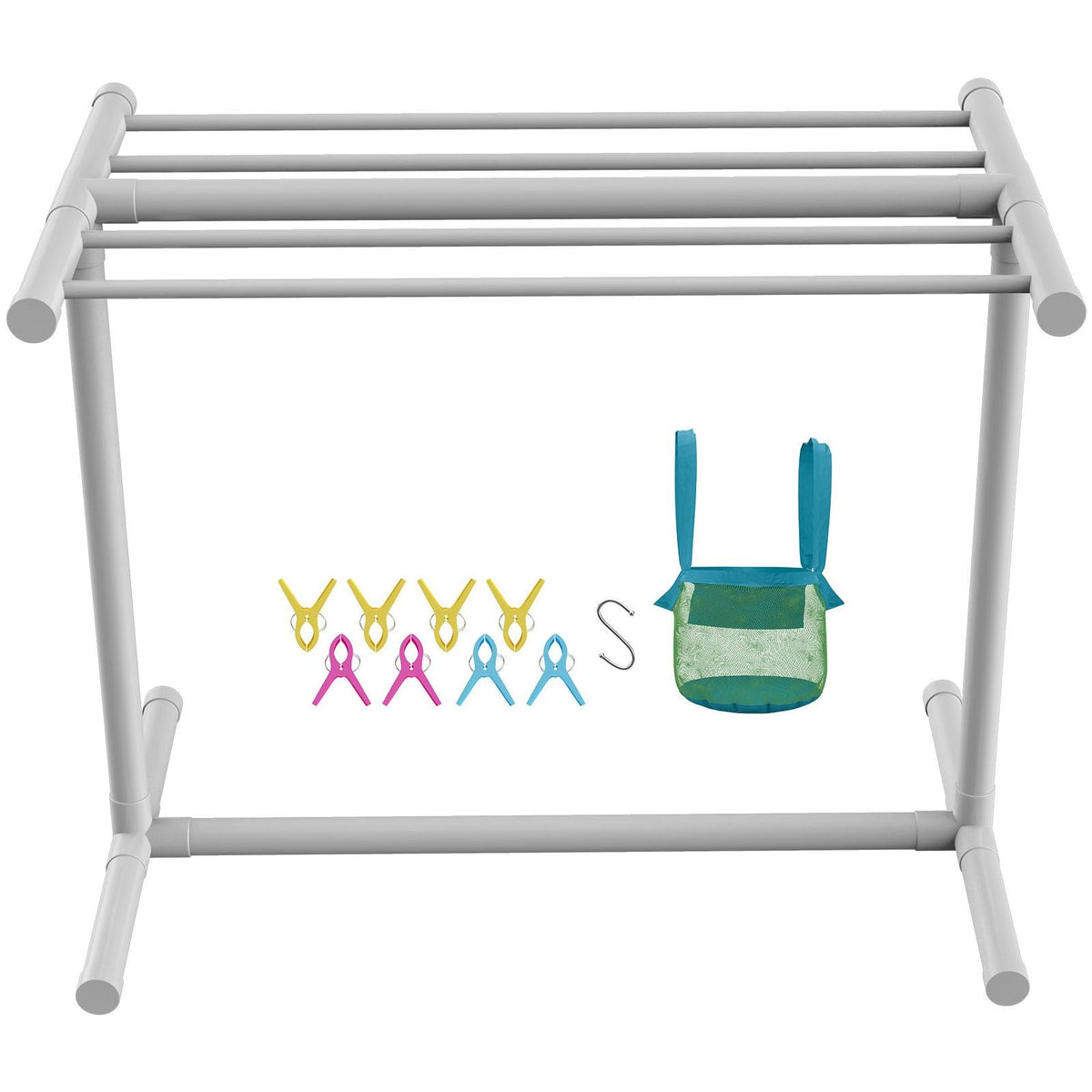 Towel Rack, 5 Bars Outdoor PVC Towel Holder, Floor Standing Pool Towel Hanger Stand with Clips, Bag & Hook, Outdoor Indoor Quilt Drying Rack Organizer, Ideal for Poolside, Bathroom, Spa, White