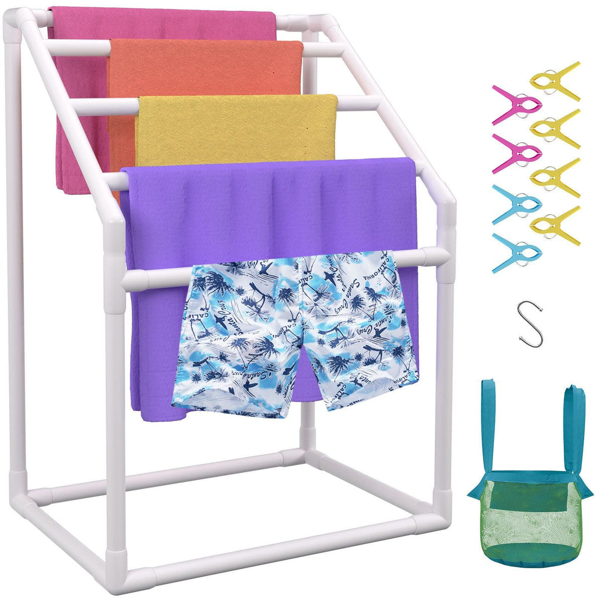 Towel Rack, 5 Bars Outdoor PVC Towel Holder, Freestanding Pool Towel Hanger Stand with Clips, Bag & Hook, Outdoor Indoor Quilt Drying Rack Organizer, Ideal for Poolside, Bathroom, Spa, White