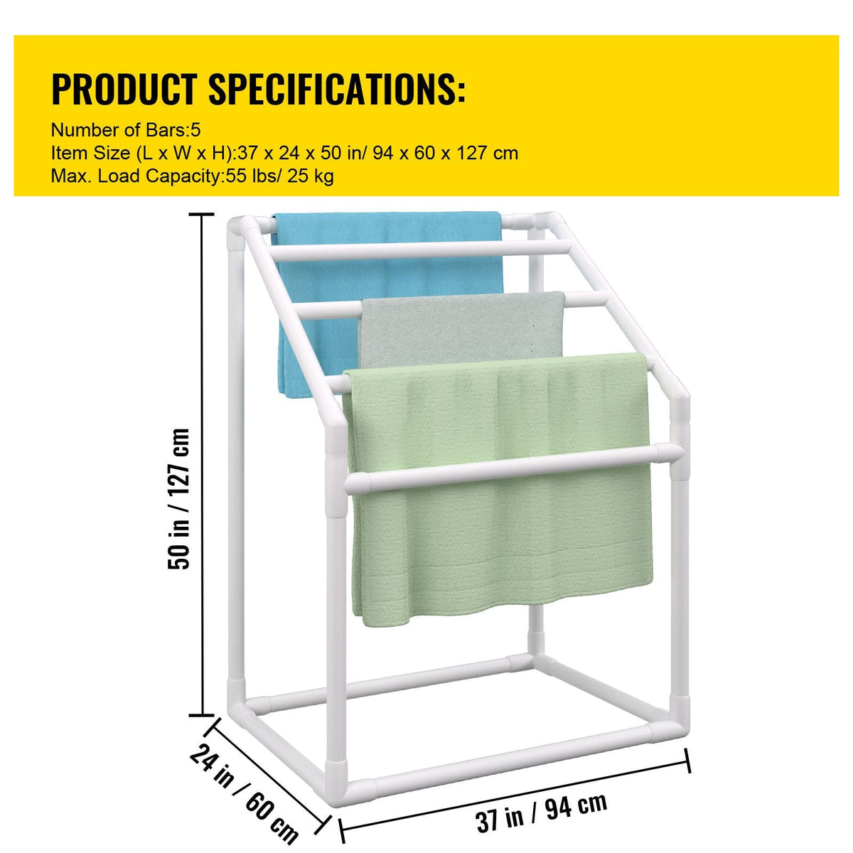 Towel Rack, 5 Bars Outdoor PVC Towel Holder, Freestanding Pool Towel Hanger Stand with Clips, Bag & Hook, Outdoor Indoor Quilt Drying Rack Organizer, Ideal for Poolside, Bathroom, Spa, White