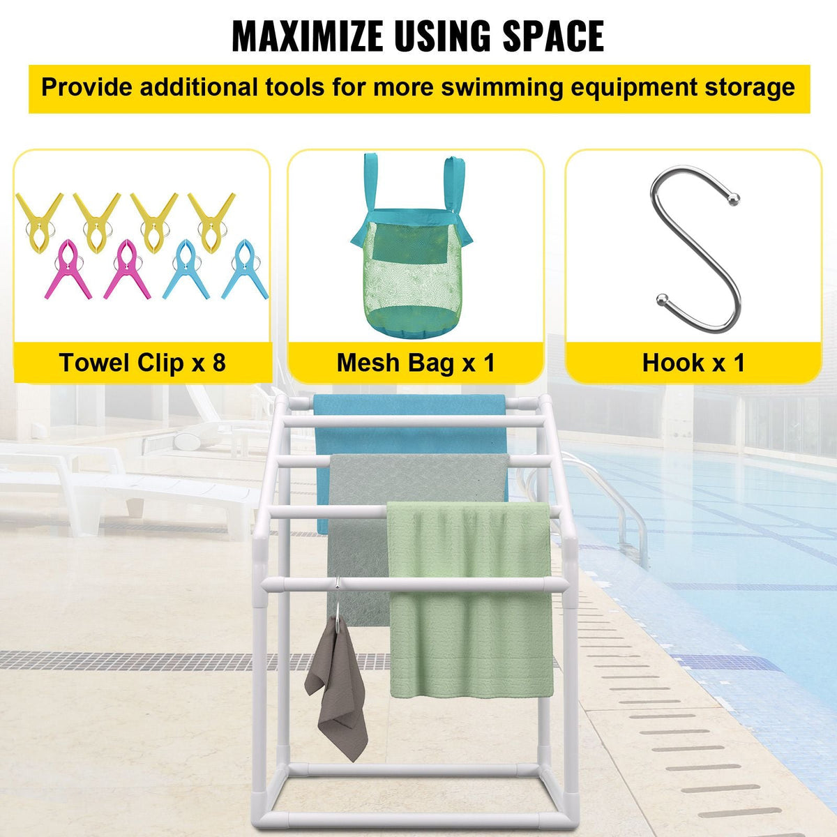 Towel Rack, 5 Bars Outdoor PVC Towel Holder, Freestanding Pool Towel Hanger Stand with Clips, Bag & Hook, Outdoor Indoor Quilt Drying Rack Organizer, Ideal for Poolside, Bathroom, Spa, White