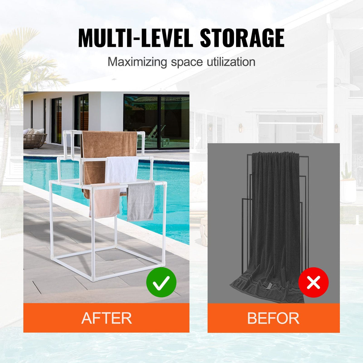 Towel Rack, 8 Bars Outdoor PVC Towel Holder, Freestanding Pool Towel Hanger Stand Next to Hot Tub, Outdoor Indoor Quilt Drying Rack Organizer, Ideal for Poolside, Bathroom, Spa, White