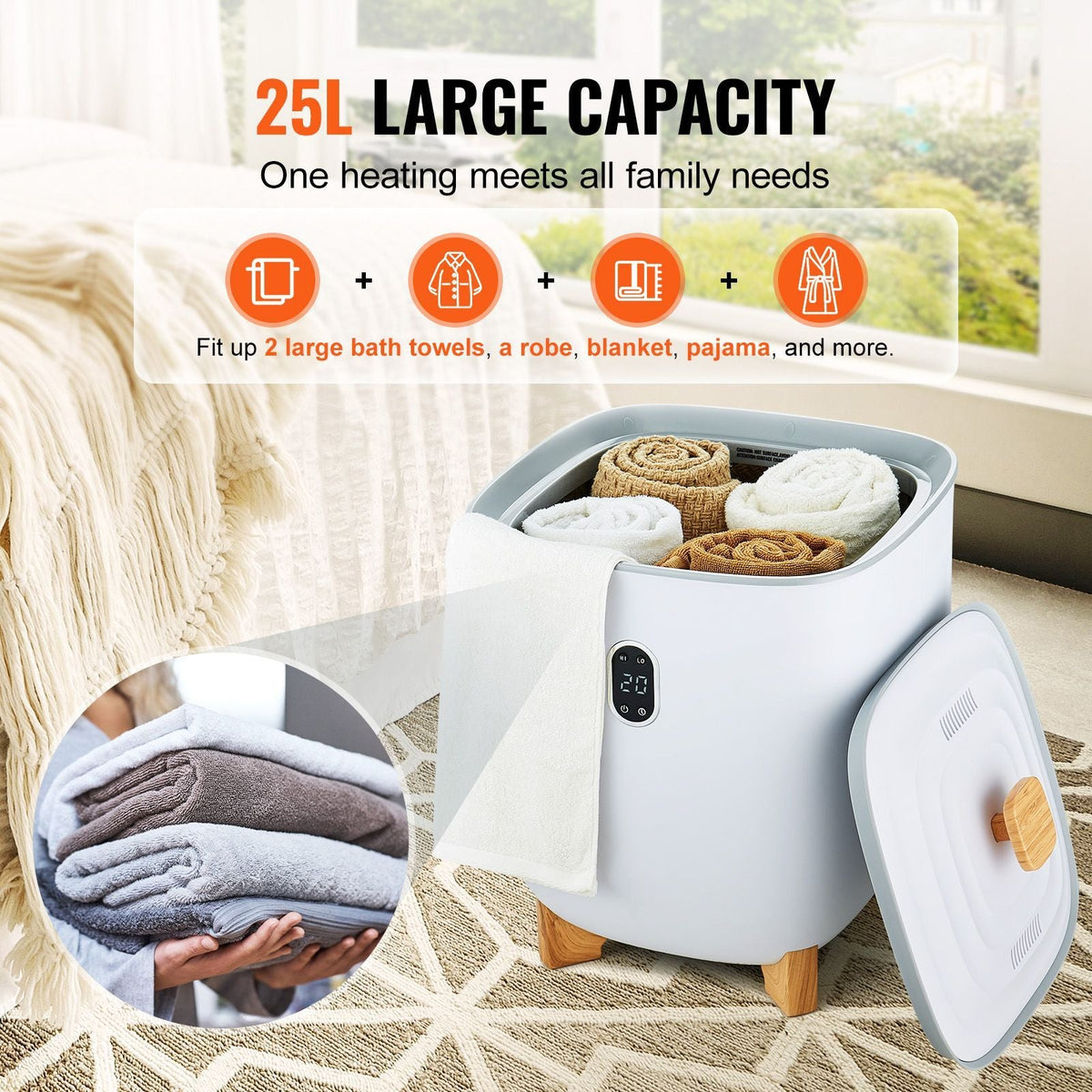 Towel Warmers for Bathroom, 25 L Towel Warmer Bucket with Auto Shut Off for Spa Fits up to 5 Oversized Bath Towels, Blankets, Clothes, Bathrobes, PJ's and More