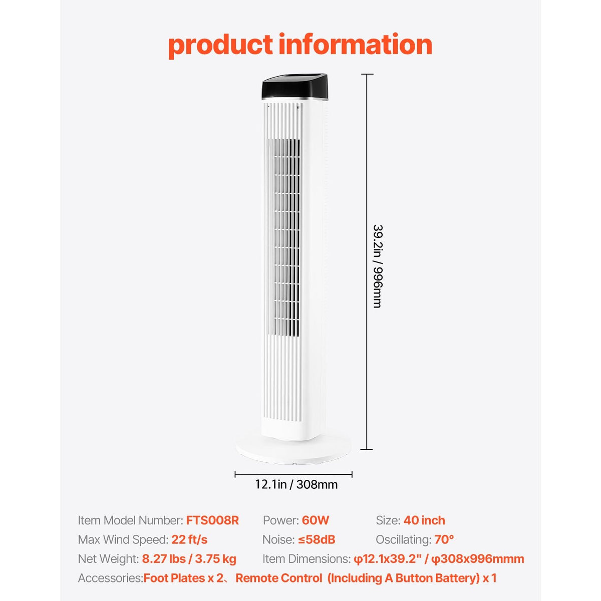 Tower Fan, 22 ft/s Velocity Quiet Floor Fan, 70° Oscillating Fans for Indoors with 3 Speeds, 4 Modes, 12H Timer, Portable Standing Bladeless Fan with Remote Control for Bedroom, Office, Home