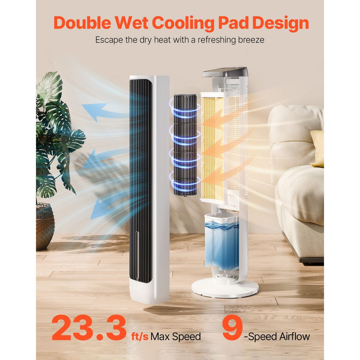 Tower Fan, 23.3ft/s Velocity Quiet Floor Fan, 70° Oscillating Fans for Indoors with 9 Speeds, 4 Modes, 24H Timer, Portable Standing Bladeless Fan with Remote Control for Bedroom, Office, Home