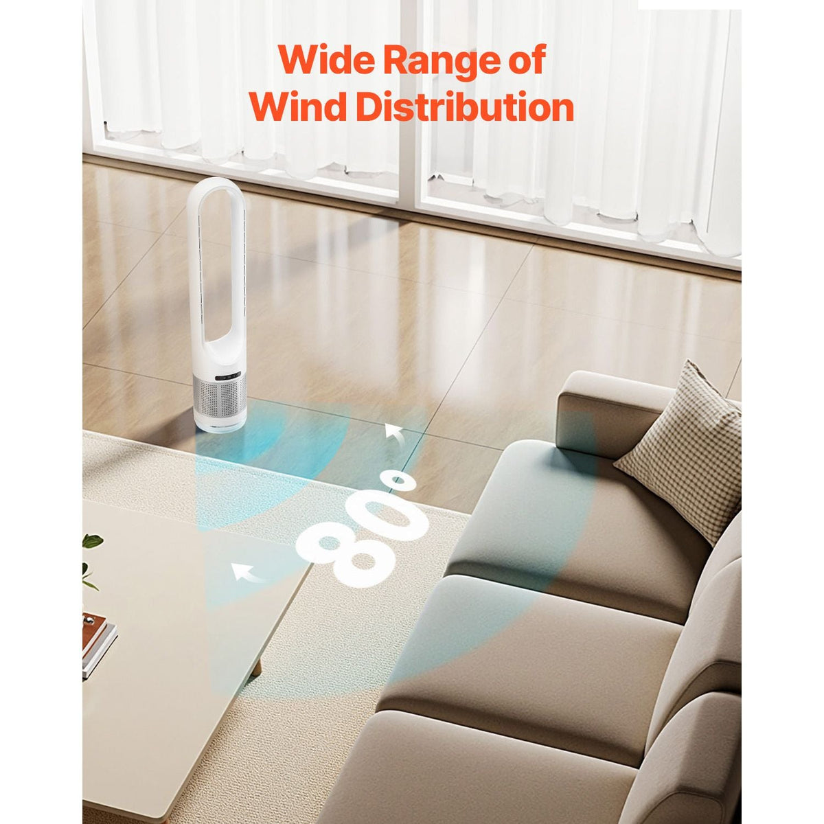 Tower Fan Bladeless, 15.4ft/s Velocity Floor Fan that Blows Cold Air, 80° Oscillating 8-Speed Fans, 8H Timer, Standing Fans with H13 HEPA Filtration, Remote Control & Air Purification Mode