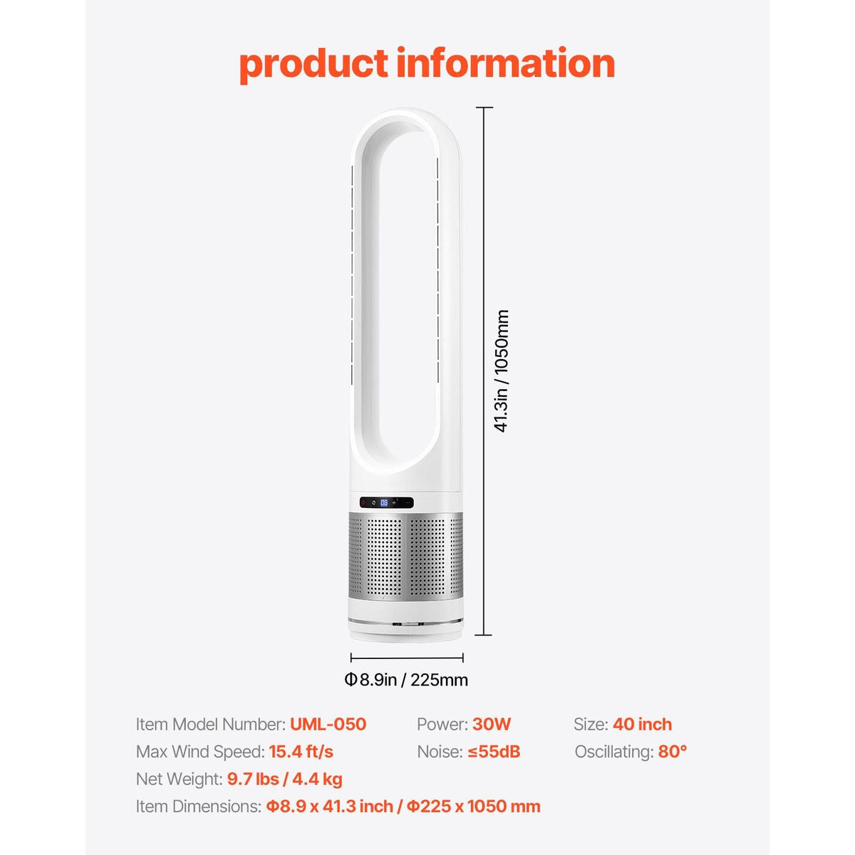 Tower Fan Bladeless, 15.4ft/s Velocity Floor Fan that Blows Cold Air, 80° Oscillating 8-Speed Fans, 8H Timer, Standing Fans with H13 HEPA Filtration, Remote Control & Air Purification Mode