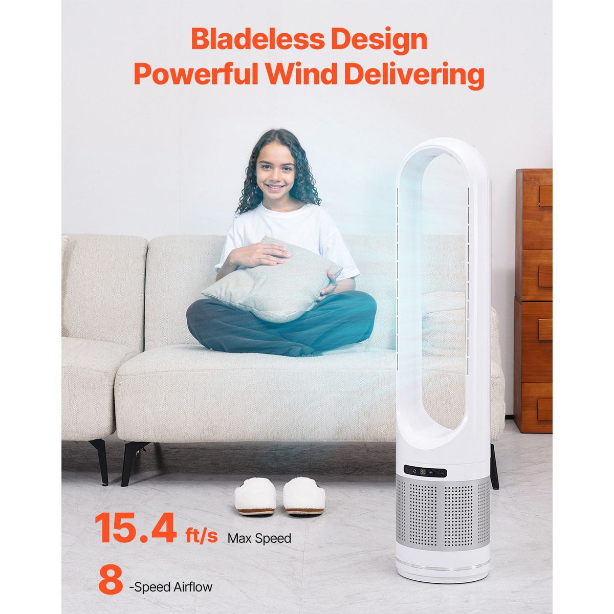 Tower Fan Bladeless, 15.4ft/s Velocity Floor Fan that Blows Cold Air, 80° Oscillating 8-Speed Fans, 8H Timer, Standing Fans with H13 HEPA Filtration, Remote Control & Air Purification Mode
