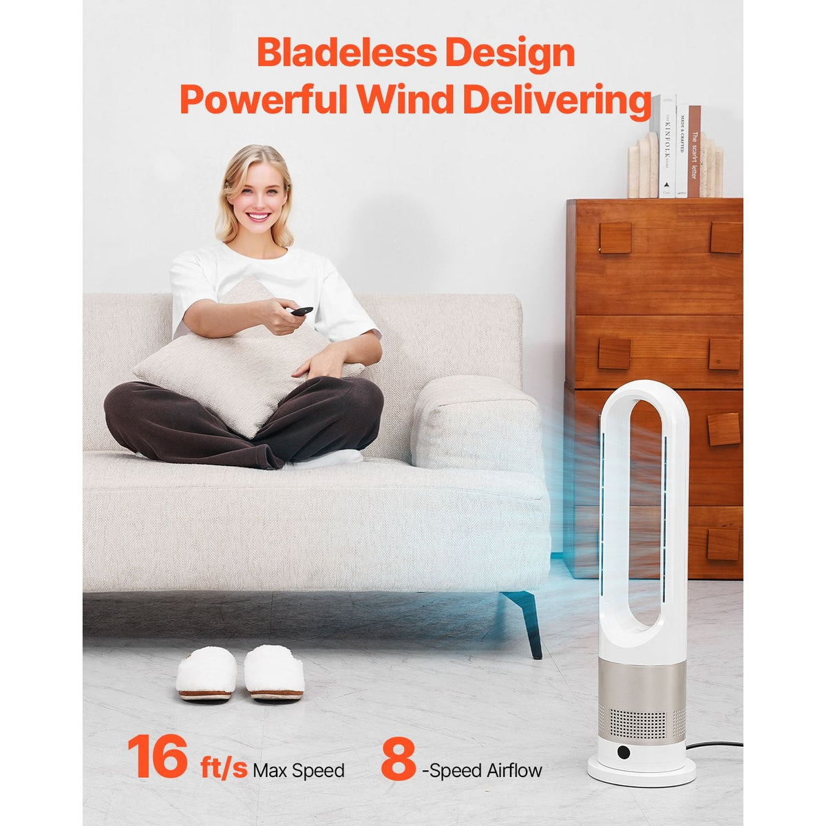 Tower Fan Bladeless, 16 ft/s Velocity Quiet Floor Fan that Blows Cold & Heating Air, 80° Oscillating Fans with 8 Speeds, 9H Timer, Standing Fans with Remote Control for Bedroom, Office, Home