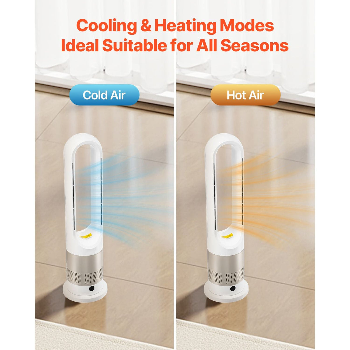 Tower Fan Bladeless, 16 ft/s Velocity Quiet Floor Fan that Blows Cold & Heating Air, 80° Oscillating Fans with 8 Speeds, 9H Timer, Standing Fans with Remote Control for Bedroom, Office, Home