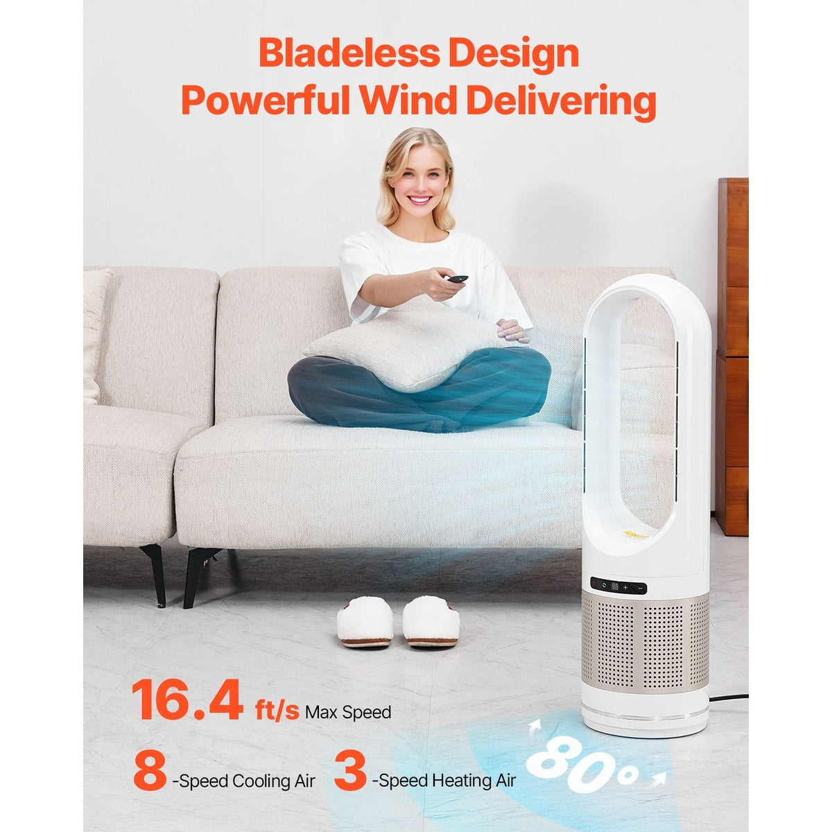 Tower Fan Bladeless, 16.4ft/s Velocity Floor Fan that Blows Cold Air, 80° Oscillating 8-Speed Fans, 8H Timer, Standing Fans with H13 HEPA Filtration, Remote Control & Air Purification Mode