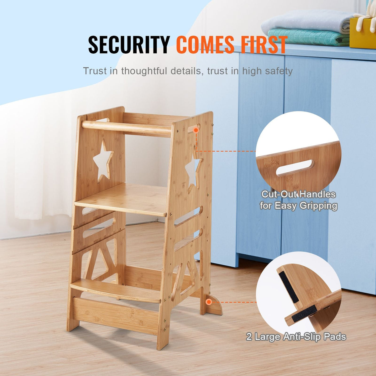 Tower Step Stool, 3-Level Height Adjustable Toddler Step Stools for Kids, Bamboo Kids Standing Tower Learning Stool with Safety Rail for Kitchen Counter Bathroom, 350LBS