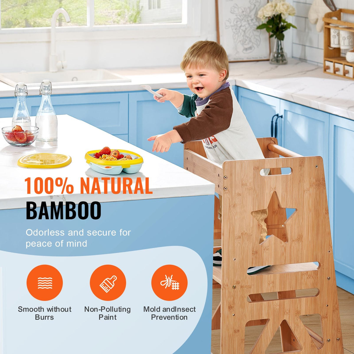 Tower Step Stool, 3-Level Height Adjustable Toddler Step Stools for Kids, Bamboo Kids Standing Tower Learning Stool with Safety Rail for Kitchen Counter Bathroom, 350LBS