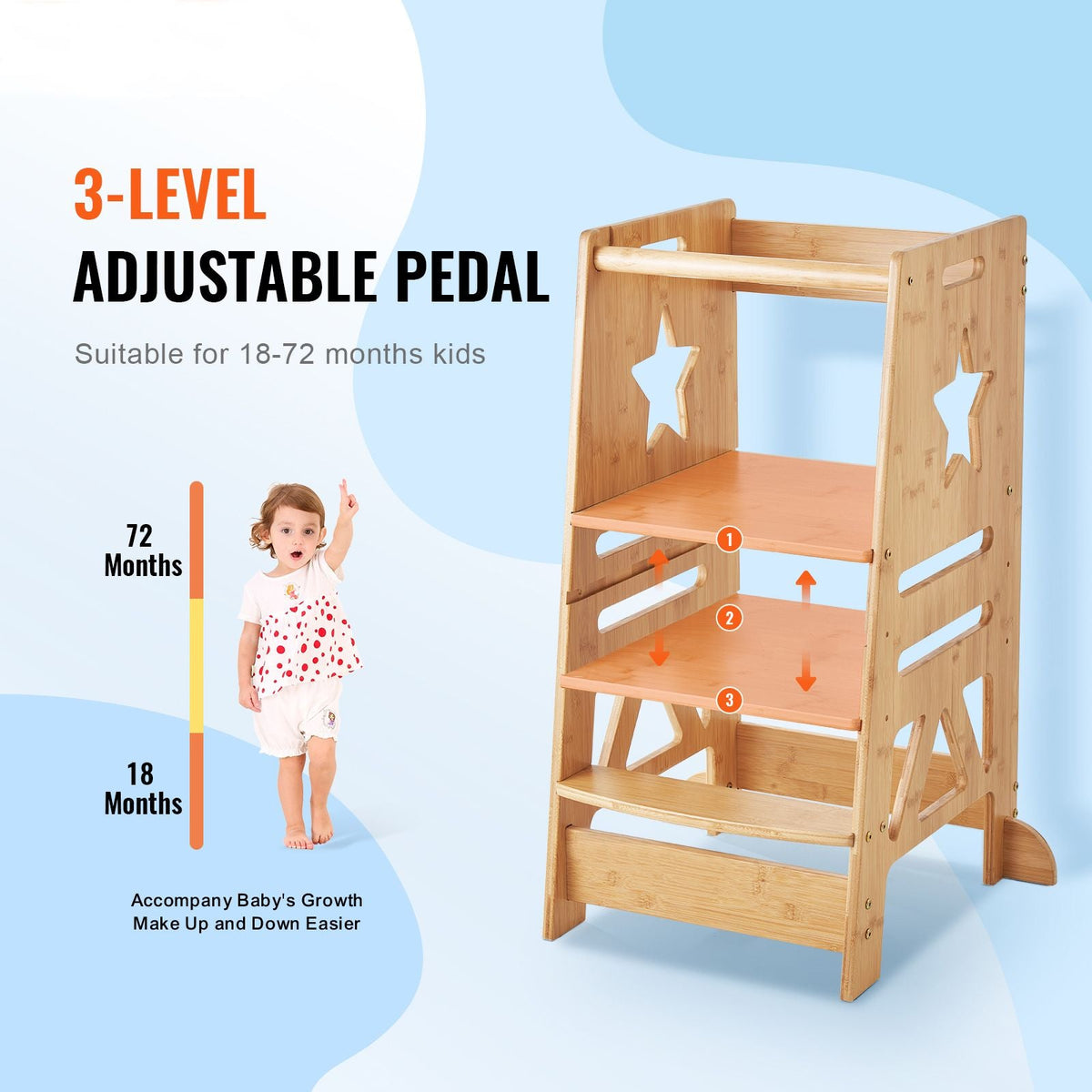 Tower Step Stool, 3-Level Height Adjustable Toddler Step Stools for Kids, Bamboo Kids Standing Tower Learning Stool with Safety Rail for Kitchen Counter Bathroom, 350LBS