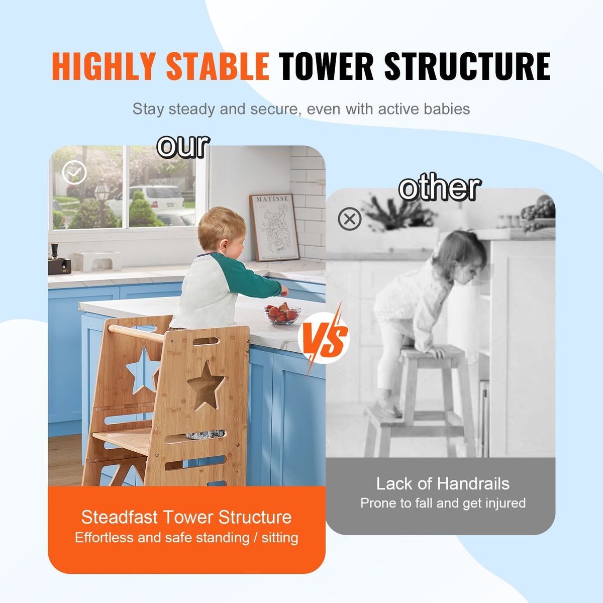 Tower Step Stool, 3-Level Height Adjustable Toddler Step Stools for Kids, Bamboo Kids Standing Tower Learning Stool with Safety Rail for Kitchen Counter Bathroom, 350LBS