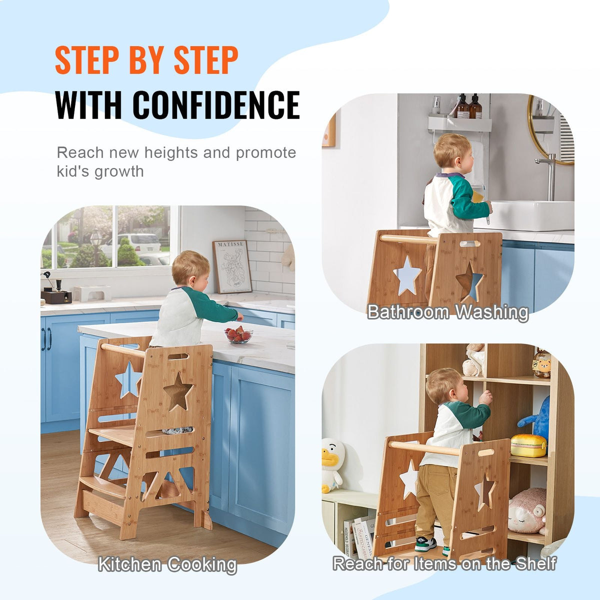 Tower Step Stool, 3-Level Height Adjustable Toddler Step Stools for Kids, Bamboo Kids Standing Tower Learning Stool with Safety Rail for Kitchen Counter Bathroom, 350LBS