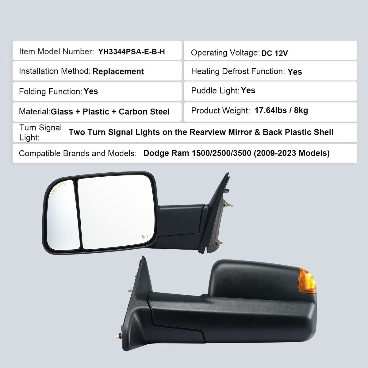 Towing Mirrors, for 2009-2018 Dodge Ram 1500, 2010-2018 Ram 2500 3500, 2019-2023 Ram 1500 Classic Model, Power Heated with Signal Light & Puddle Light, Manual Controlling Flipping Folding, Black
