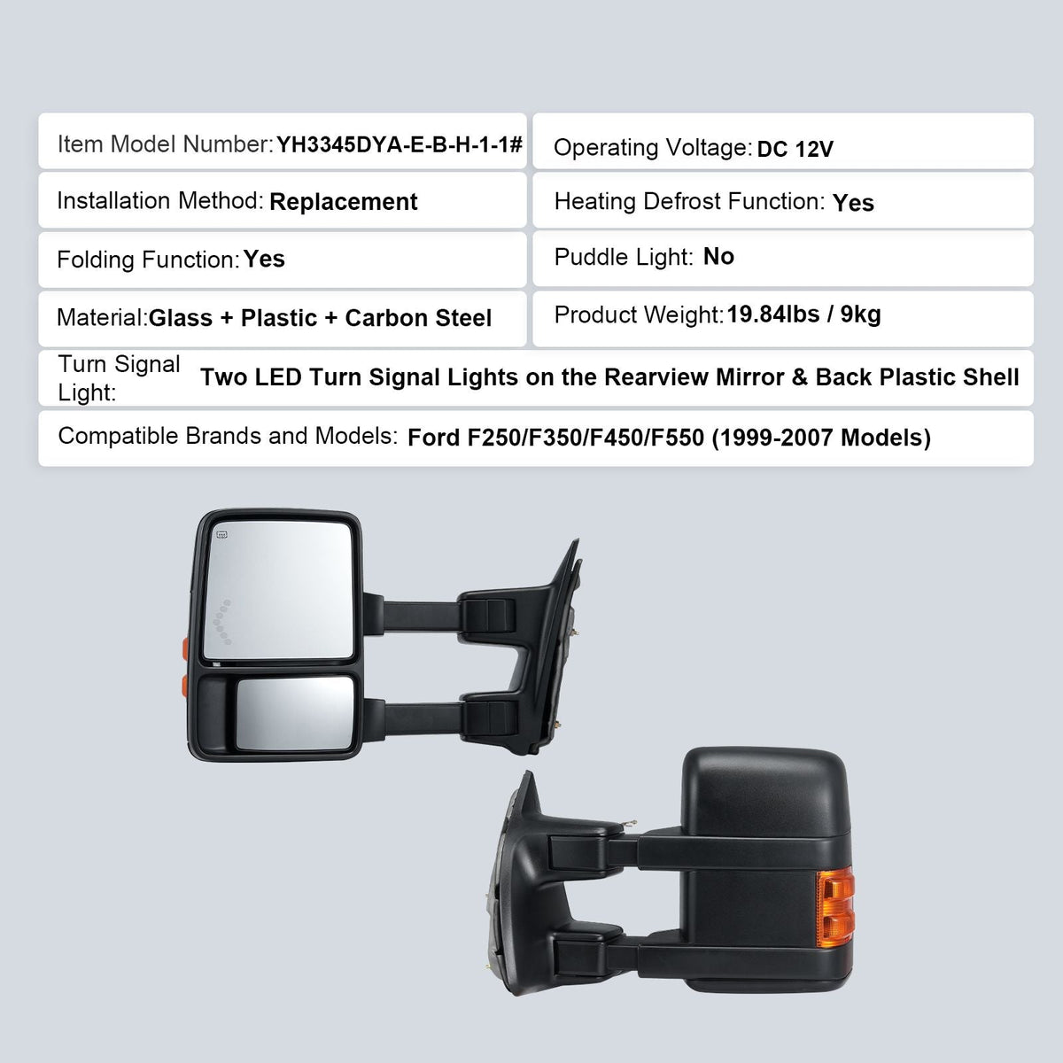 Towing Mirrors, Left & Right Pair Set for 1999-2007 Ford F250 F350 F450 F550, Power Heated with Signal Light, Plane & Convex Glass, Manual Controlling Telescoping Folding, Heating Defrost, Black