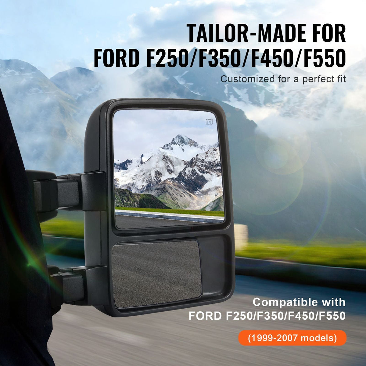 Towing Mirrors, Left & Right Pair Set for 1999-2007 Ford F250 F350 F450 F550, Power Heated with Signal Light, Plane & Convex Glass, Manual Controlling Telescoping Folding, Heating Defrost, Black