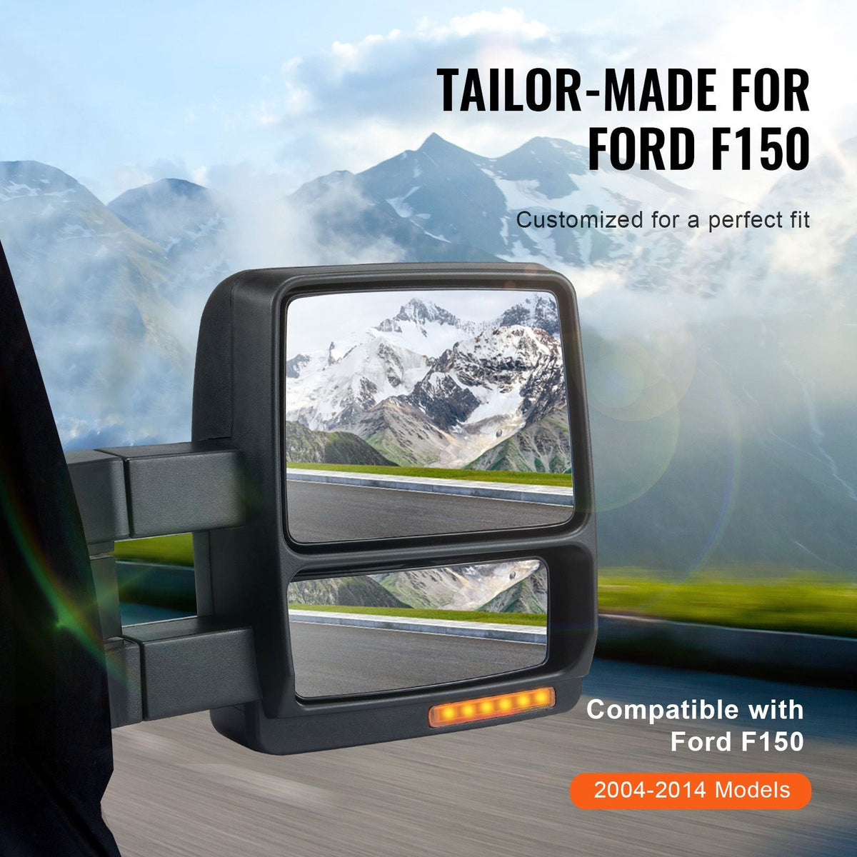 Towing Mirrors, Left & Right Pair Set for 2004-2014 Ford F150, Power Heated with Signal Light & Puddle Light, Plane & Convex Glass, Manual Controlling Telescoping Folding, Heating Defrost, Black