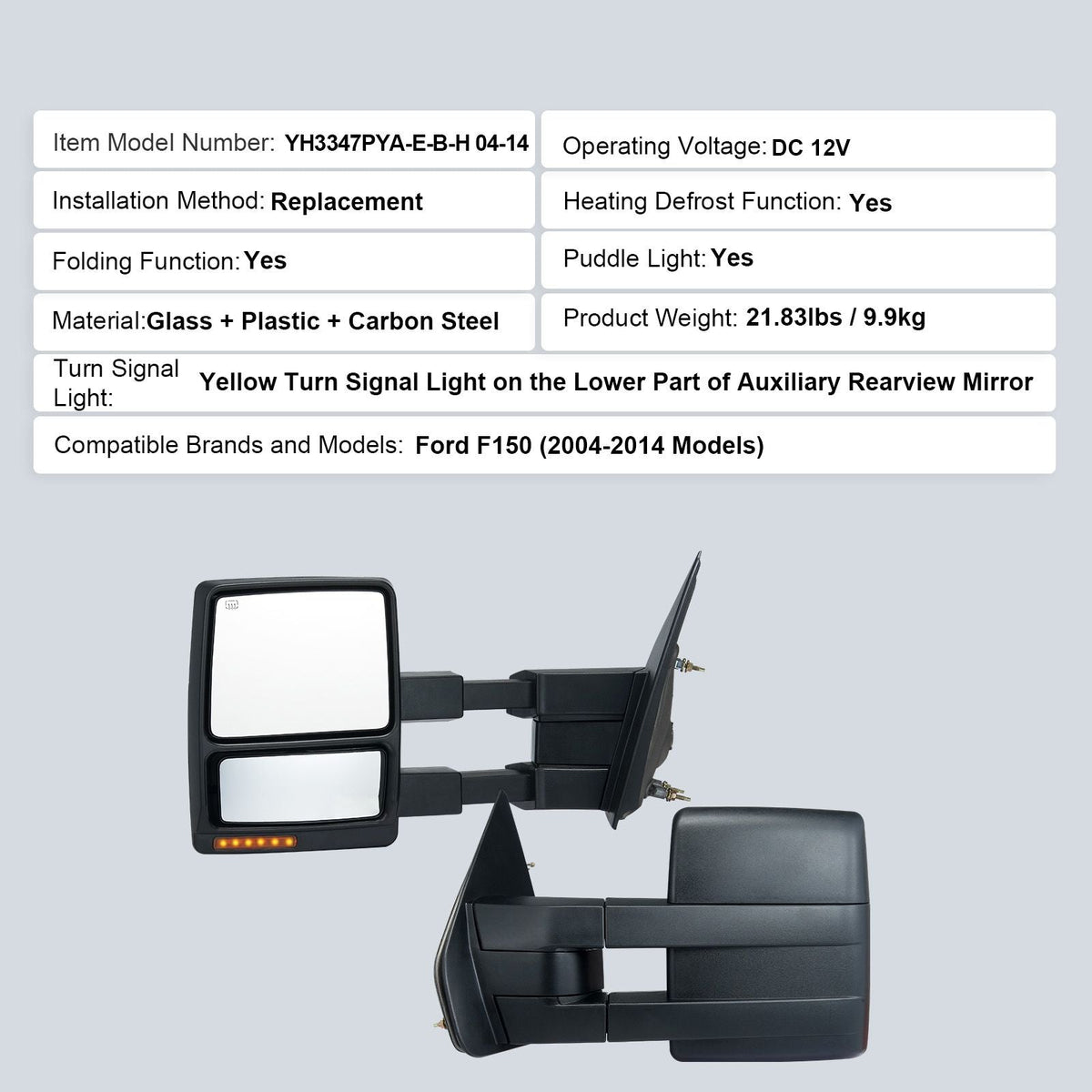 Towing Mirrors, Left & Right Pair Set for 2004-2014 Ford F150, Power Heated with Signal Light & Puddle Light, Plane & Convex Glass, Manual Controlling Telescoping Folding, Heating Defrost, Black