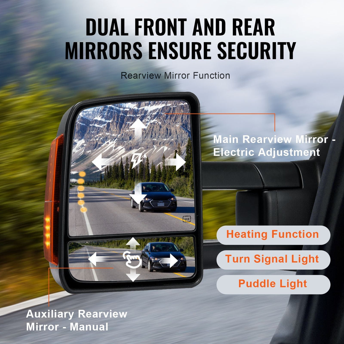 Towing Mirrors, Left & Right Pair Set for 2007-2016 Toyota Tundra, Power Heated Tow Mirror with Signal Light, Plane & Convex Glass, Manual Controlling Telescoping Folding, Heating Defrost, Black