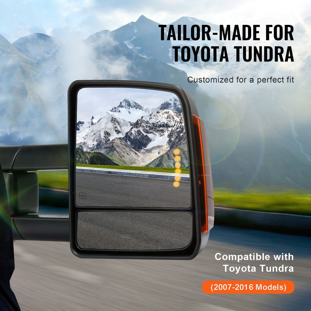 Towing Mirrors, Left & Right Pair Set for 2007-2016 Toyota Tundra, Power Heated Tow Mirror with Signal Light, Plane & Convex Glass, Manual Controlling Telescoping Folding, Heating Defrost, Black