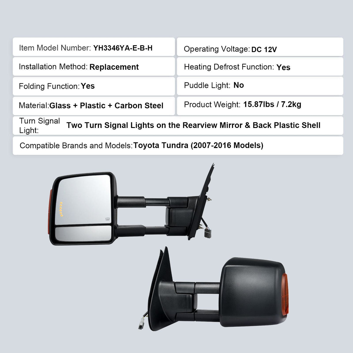 Towing Mirrors, Left & Right Pair Set for 2007-2016 Toyota Tundra, Power Heated Tow Mirror with Signal Light, Plane & Convex Glass, Manual Controlling Telescoping Folding, Heating Defrost, Black