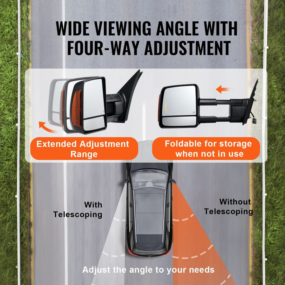 Towing Mirrors, Left & Right Pair Set for 2007-2016 Toyota Tundra, Power Heated Tow Mirror with Signal Light, Plane & Convex Glass, Manual Controlling Telescoping Folding, Heating Defrost, Black