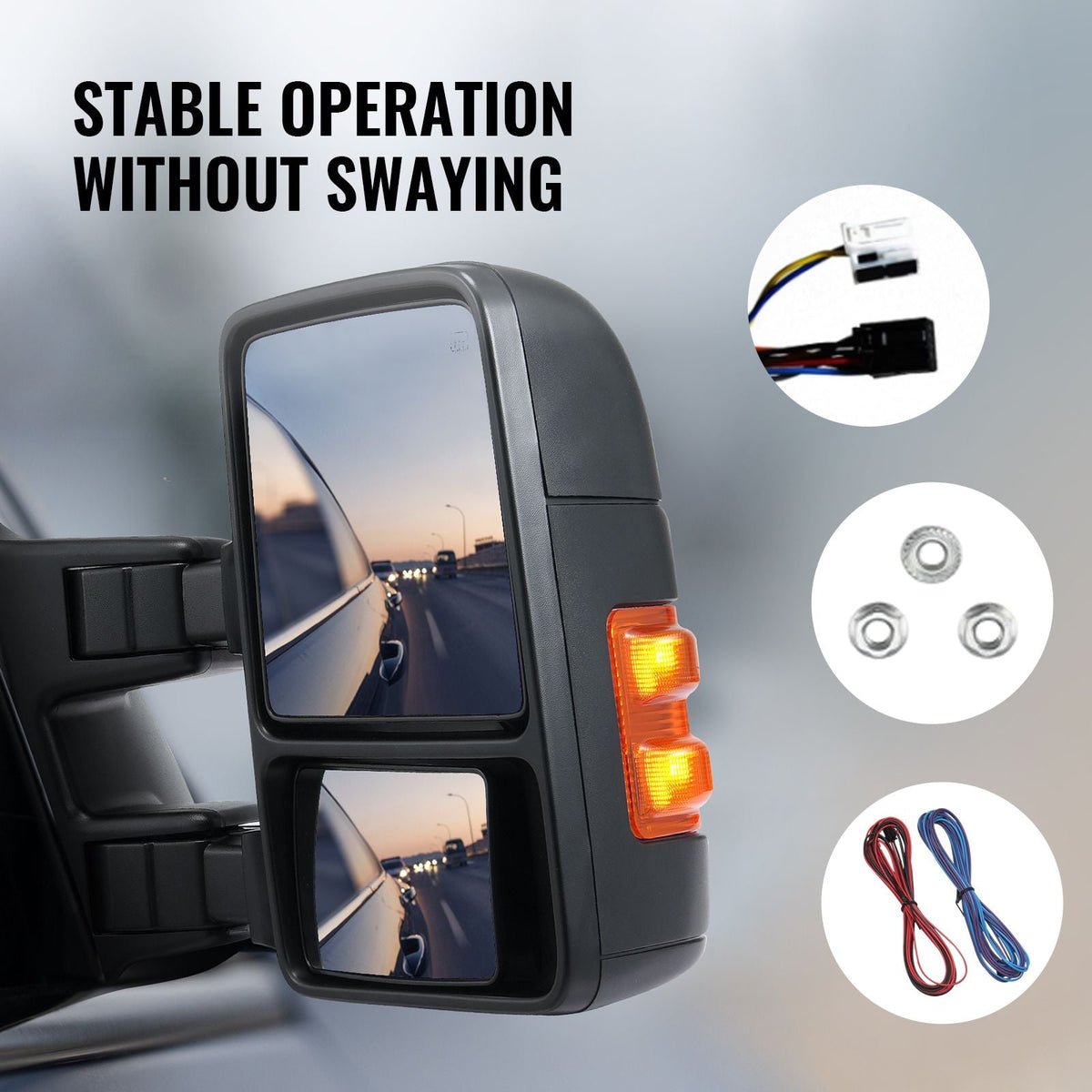 Towing Mirrors, Left & Right Pair Set for 2008-2016 Ford F250 F350 F450 F550, Power Heated with Signal Light, Plane & Convex Glass, Manual Controlling Telescoping Folding, Heating Defrost, Black