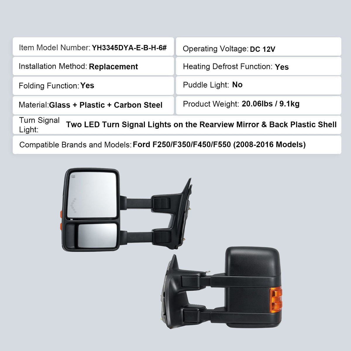 Towing Mirrors, Left & Right Pair Set for 2008-2016 Ford F250 F350 F450 F550, Power Heated with Signal Light, Plane & Convex Glass, Manual Controlling Telescoping Folding, Heating Defrost, Black