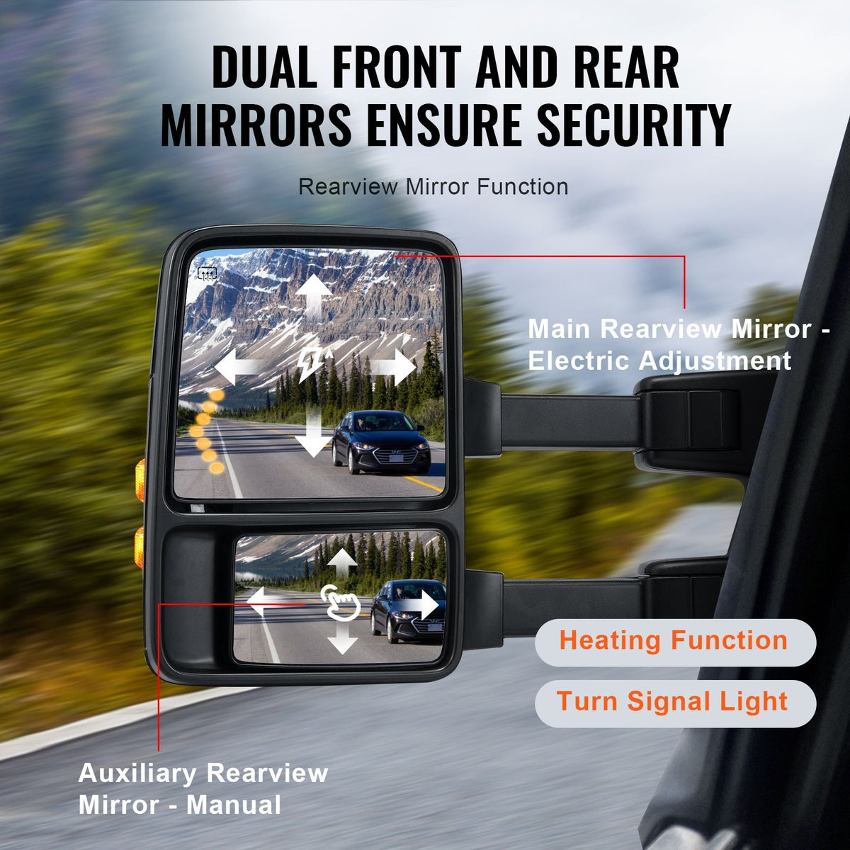 Towing Mirrors, Left & Right Pair Set for 2008-2016 Ford F250 F350 F450 F550, Power Heated with Signal Light, Plane & Convex Glass, Manual Controlling Telescoping Folding, Heating Defrost, Black