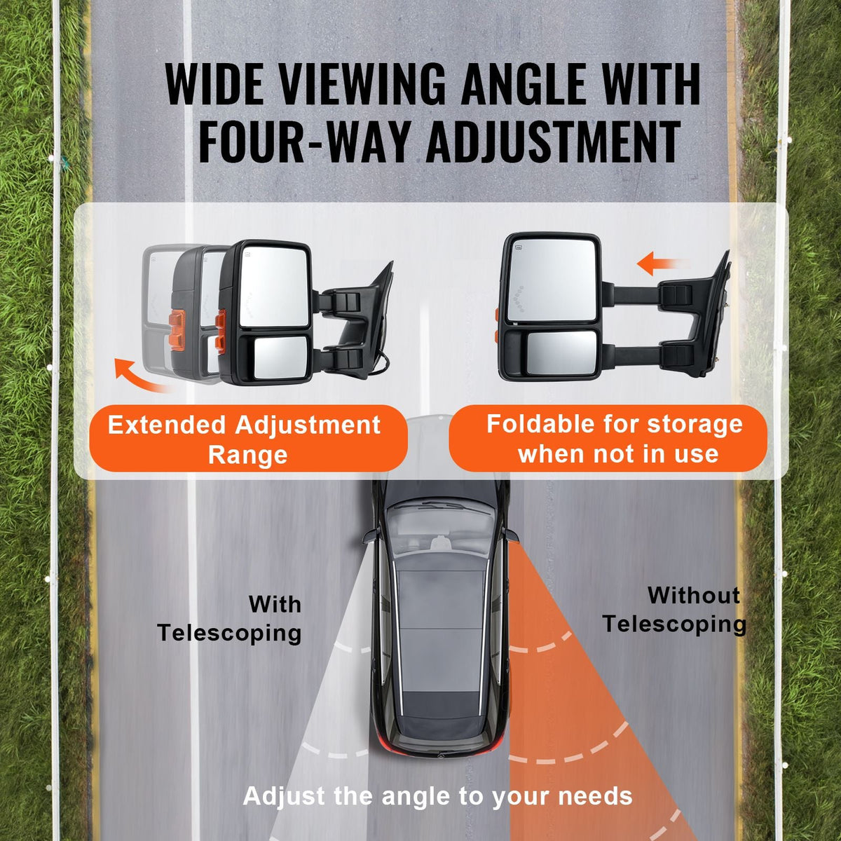 Towing Mirrors, Left & Right Pair Set for 2008-2016 Ford F250 F350 F450 F550, Power Heated with Signal Light, Plane & Convex Glass, Manual Controlling Telescoping Folding, Heating Defrost, Black