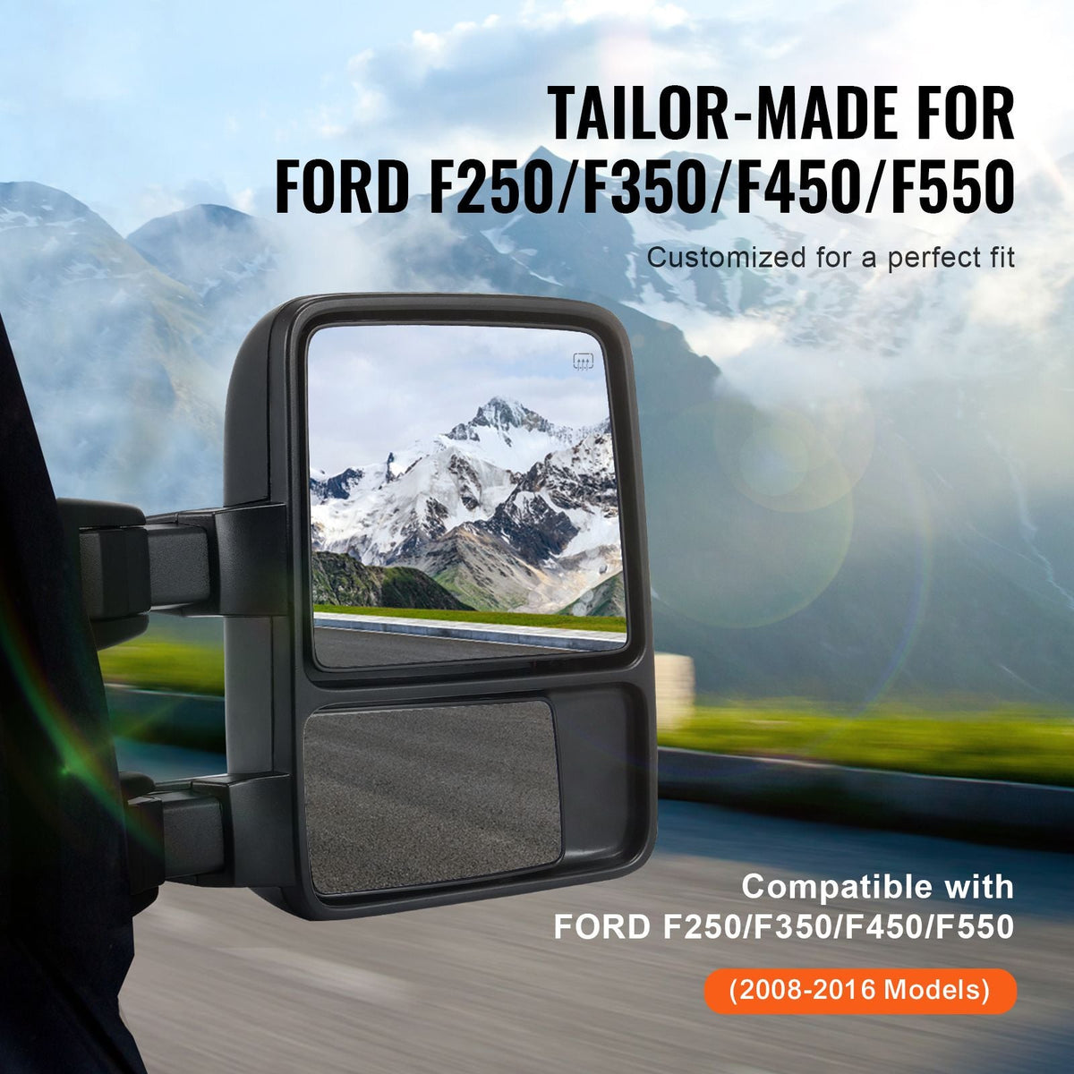 Towing Mirrors, Left & Right Pair Set for 2008-2016 Ford F250 F350 F450 F550, Power Heated with Signal Light, Plane & Convex Glass, Manual Controlling Telescoping Folding, Heating Defrost, Black