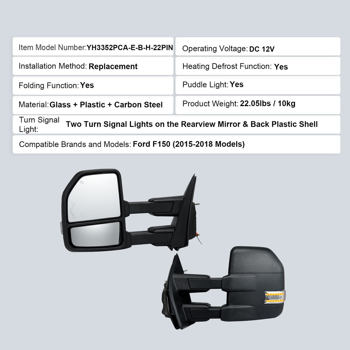 Towing Mirrors, Left & Right Pair Set for 2015-2018 Ford F150, Power Heated with Signal Light & Puddle Light, Plane & Convex Glass, Manual Controlling Telescoping Folding, Heating Defrost, Black