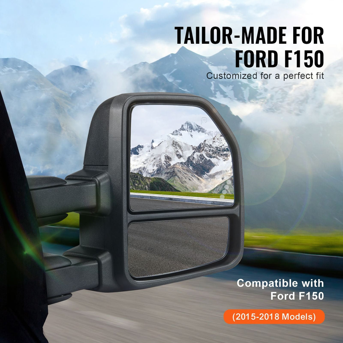 Towing Mirrors, Left & Right Pair Set for 2015-2018 Ford F150, Power Heated with Signal Light & Puddle Light, Plane & Convex Glass, Manual Controlling Telescoping Folding, Heating Defrost, Black