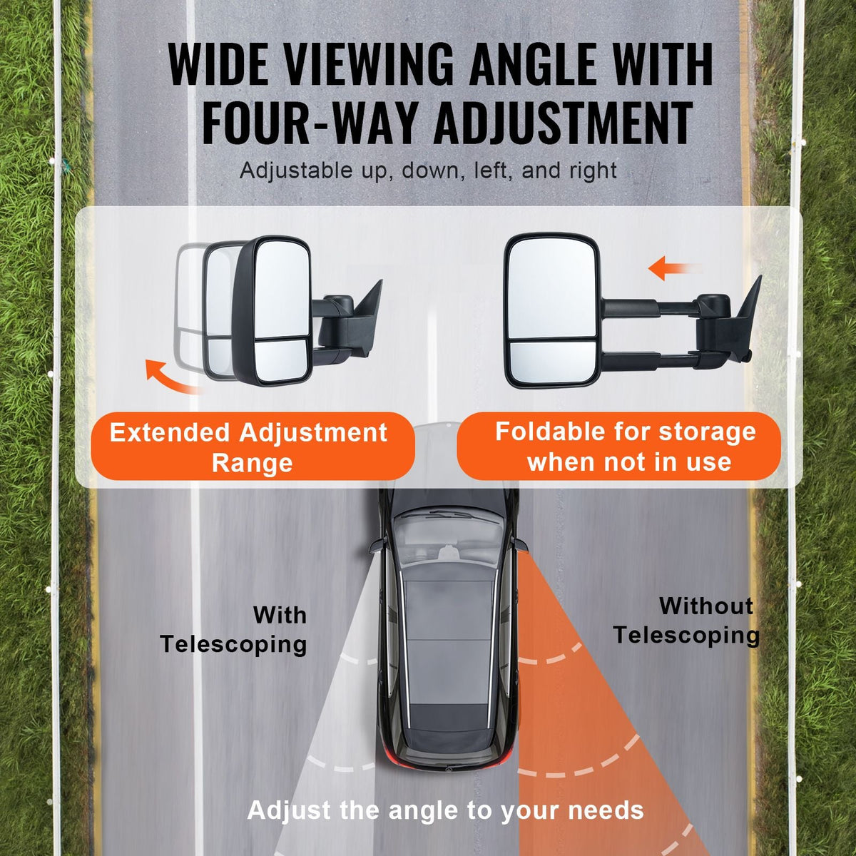 Towing Mirrors, Left & Right Pair Set for Chevrolet Silverado (1988-1998)/GMC, Tow Mirror with Plane and Convex Glass, Manual Controlling Telescoping Folding, and Four-Way Adjustment, Black