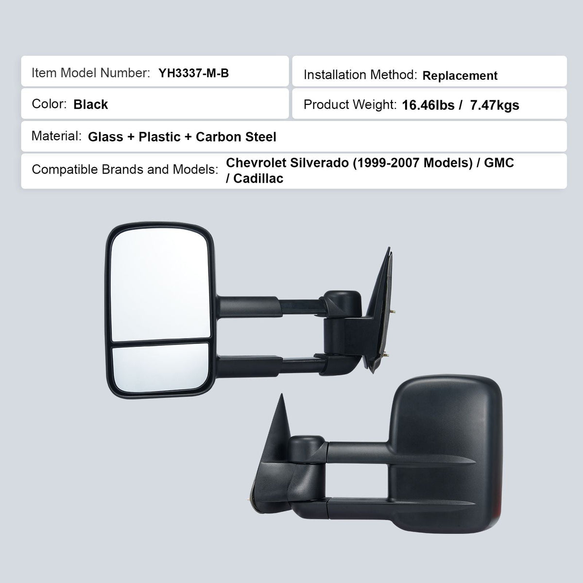 Towing Mirrors, Left & Right Pair Set for Chevrolet Silverado (1999-2007)/GMC/Cadillac, Tow Mirror with Plane & Convex Glass, Manual Controlling Telescoping Folding, Four-Way Adjustable, Black