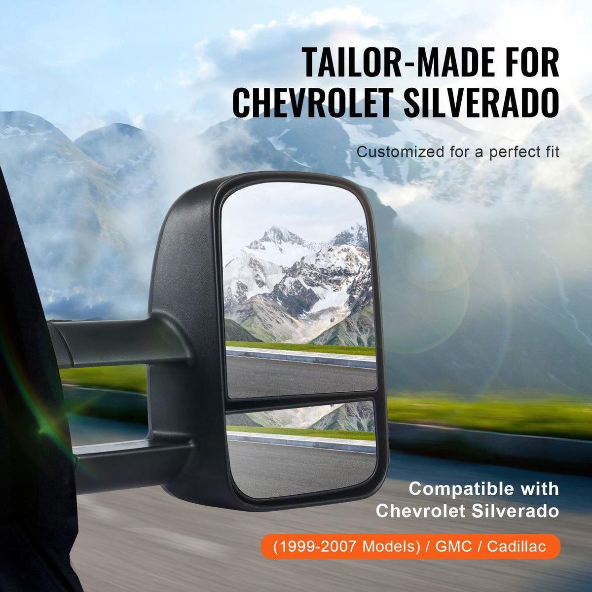 Towing Mirrors, Left & Right Pair Set for Chevrolet Silverado (1999-2007)/GMC/Cadillac, Tow Mirror with Plane & Convex Glass, Manual Controlling Telescoping Folding, Four-Way Adjustable, Black