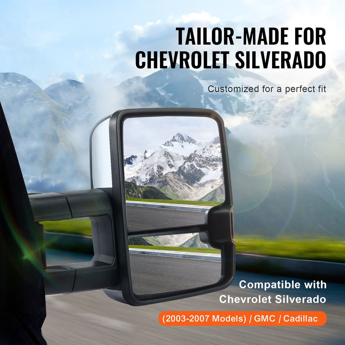 Towing Mirrors, Left & Right Pair Set for Chevrolet Silverado (2003-2007)/GMC/Cadillac, Power Heated Tow Mirror with Signal Light, Manual Controlling Telescoping Folding, Heating Defrost, Silver
