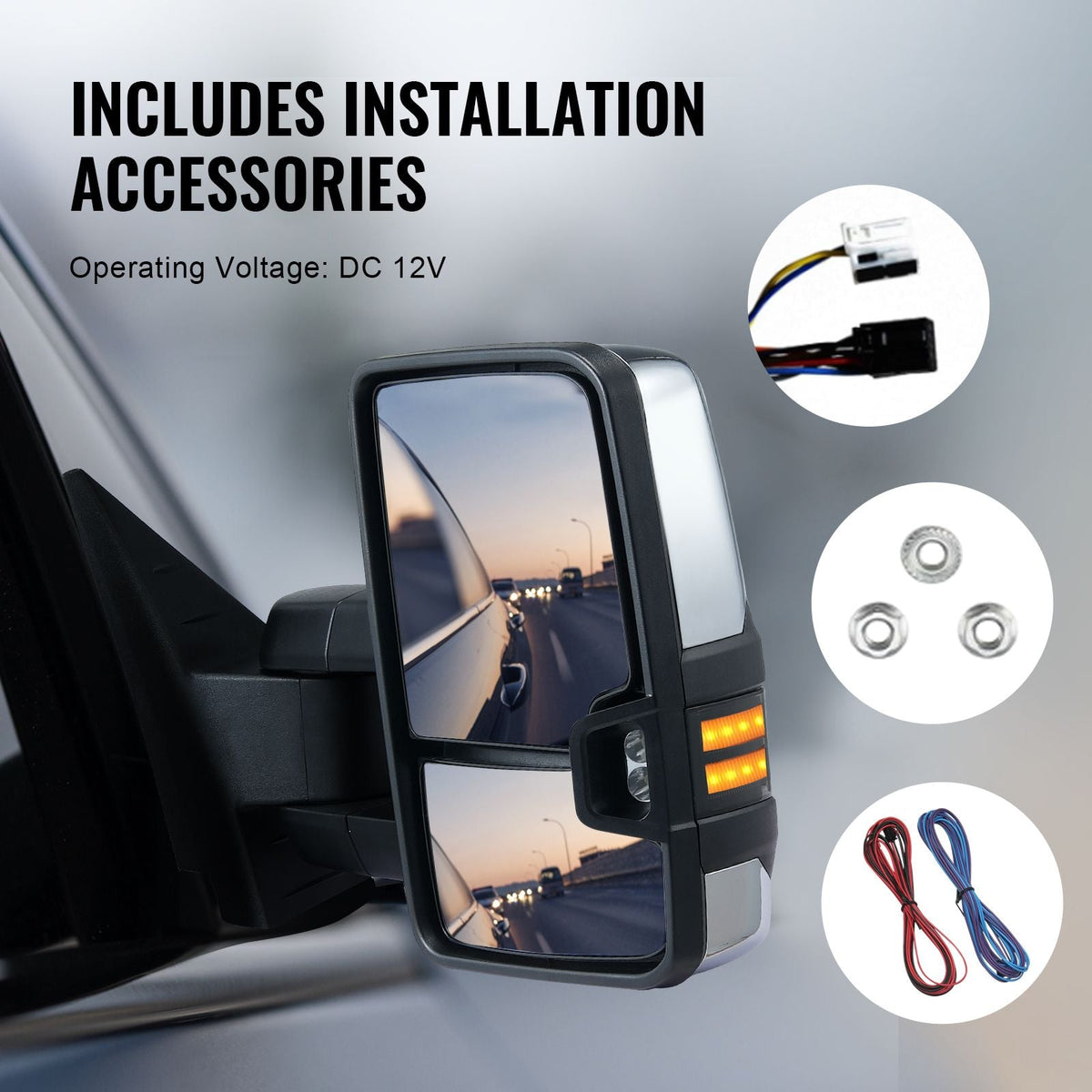 Towing Mirrors, Left & Right Pair Set for Chevrolet Silverado (2003-2007)/GMC/Cadillac, Power Heated Tow Mirror with Signal Light, Manual Controlling Telescoping Folding, Heating Defrost, Silver