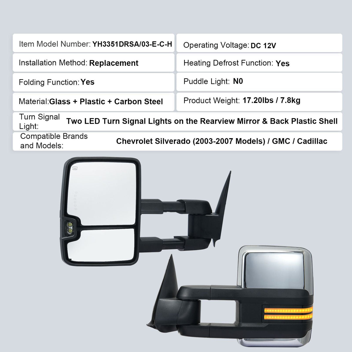 Towing Mirrors, Left & Right Pair Set for Chevrolet Silverado (2003-2007)/GMC/Cadillac, Power Heated Tow Mirror with Signal Light, Manual Controlling Telescoping Folding, Heating Defrost, Silver