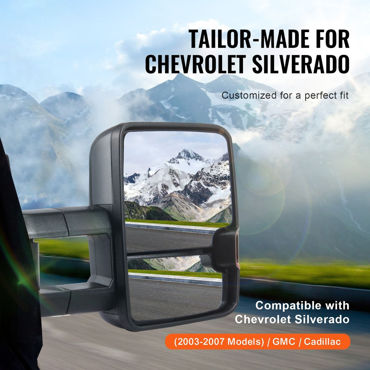 Towing Mirrors, Left & Right Pair Set for Chevrolet Silverado (2003-2007)/GMC/Cadillac, Power Heated with Signal Light & LED Driving Light, Manual Telescoping Folding, and Heating Defrost, Black