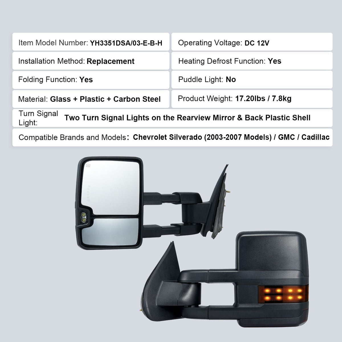 Towing Mirrors, Left & Right Pair Set for Chevrolet Silverado (2003-2007)/GMC/Cadillac, Power Heated with Signal Light & LED Driving Light, Manual Telescoping Folding, and Heating Defrost, Black