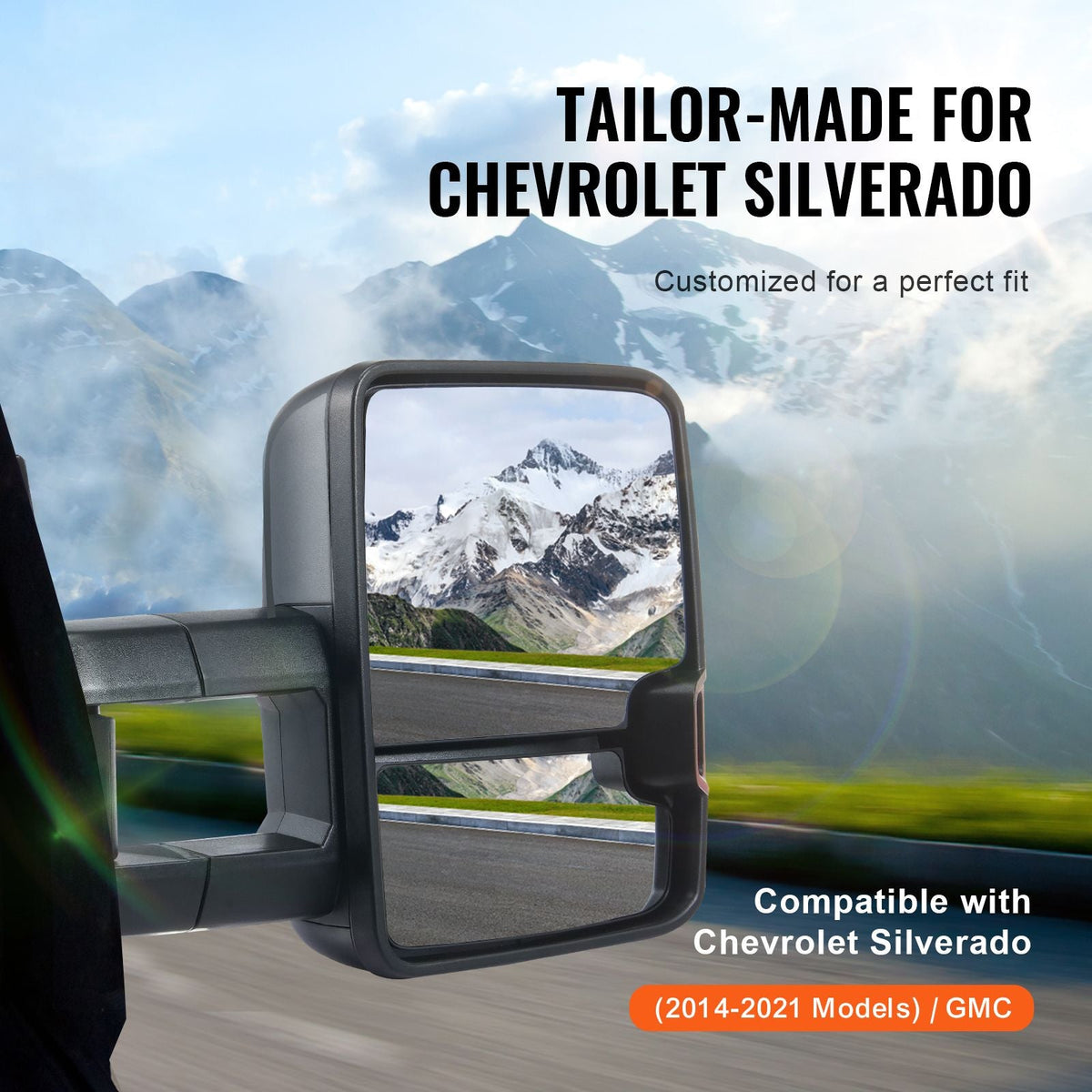 Towing Mirrors, Left & Right Pair Set for Chevrolet Silverado (2014-2019)/GMC, Power Heated with Signal Light & LED Driving Light, Manual Controlling Telescoping Folding, Heating Defrost, Black