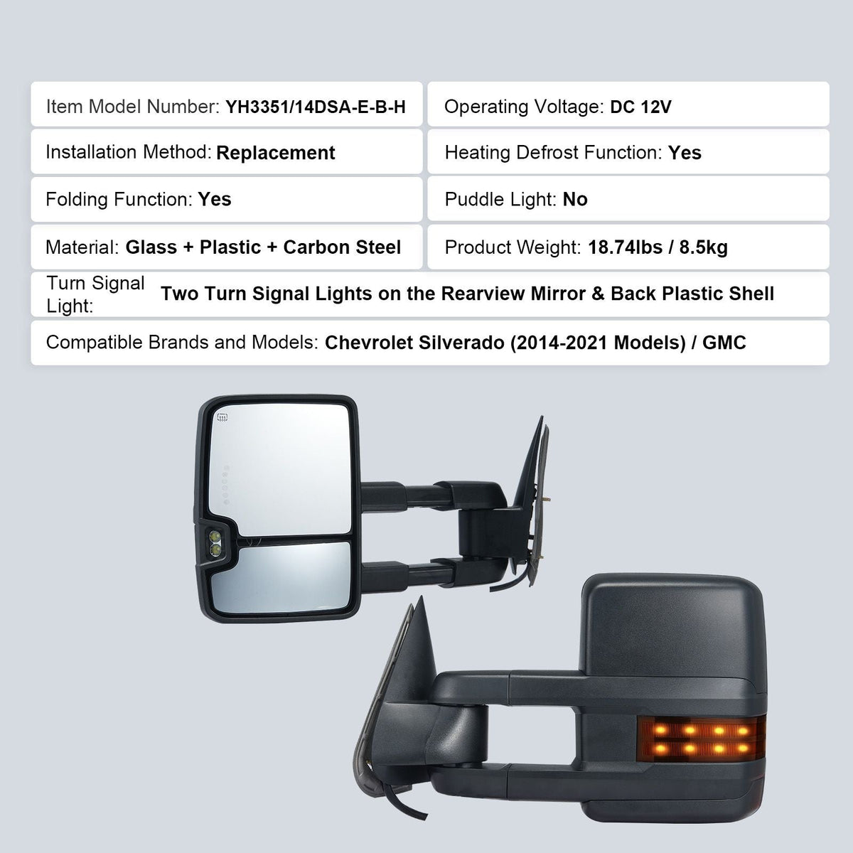 Towing Mirrors, Left & Right Pair Set for Chevrolet Silverado (2014-2019)/GMC, Power Heated with Signal Light & LED Driving Light, Manual Controlling Telescoping Folding, Heating Defrost, Black
