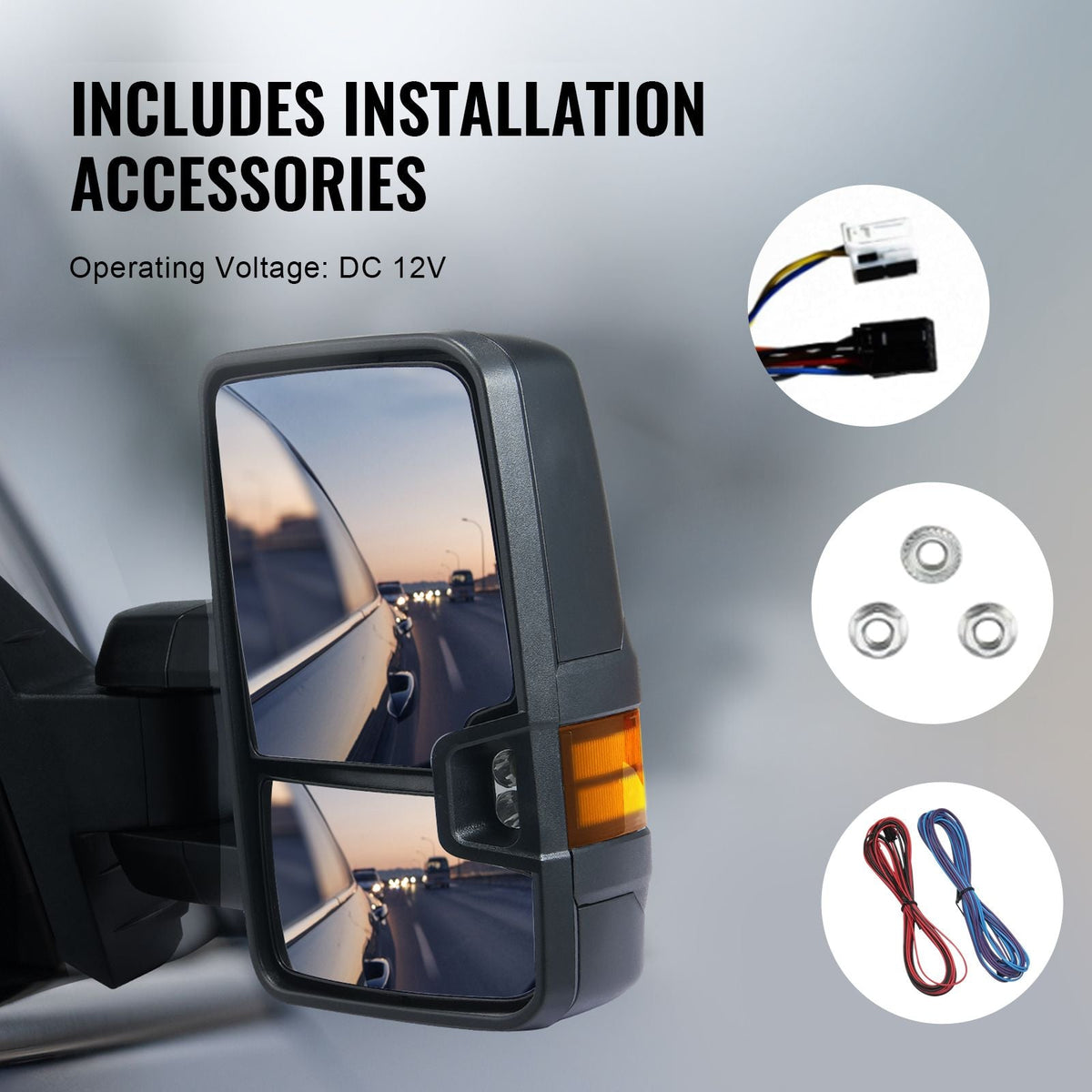 Towing Mirrors, Left & Right Pair Set for Chevrolet Silverado (2014-2019)/GMC, Power Heated with Signal Light & LED Driving Light, Manual Controlling Telescoping Folding, Heating Defrost, Black