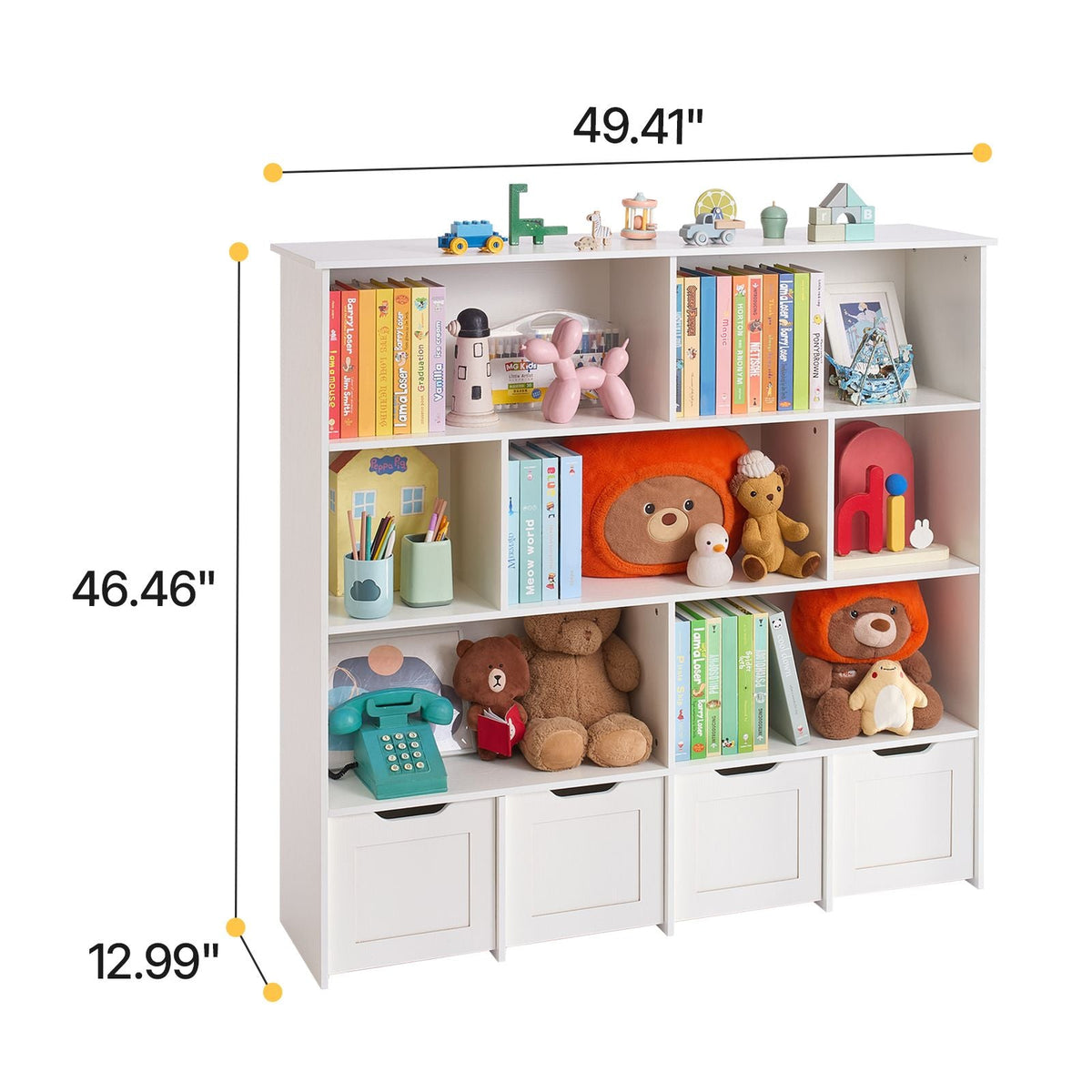 Toy Storage Organizer, Wooden Kids Bookshelf with Storage, Toy Storage Cabinet with 4 Mobile Drawers, Kids Storage Organizer for Bedroom, Nursery, Living Room, Entryway, Preschool, White